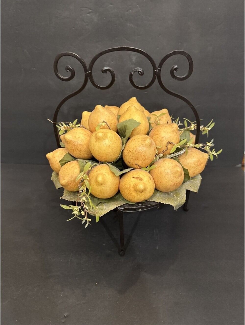 Tuscan Kitchen Lemon Artificial Fruit Centerpiece  W Wrought Iron Stand 13.5”